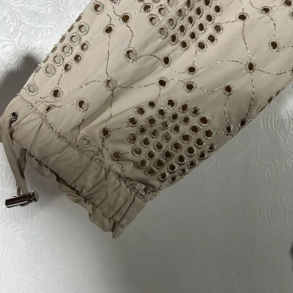 White House Black Market WHBM Sz 12 Beige Eyelet Jacket Full Zip Mock Neck Boho